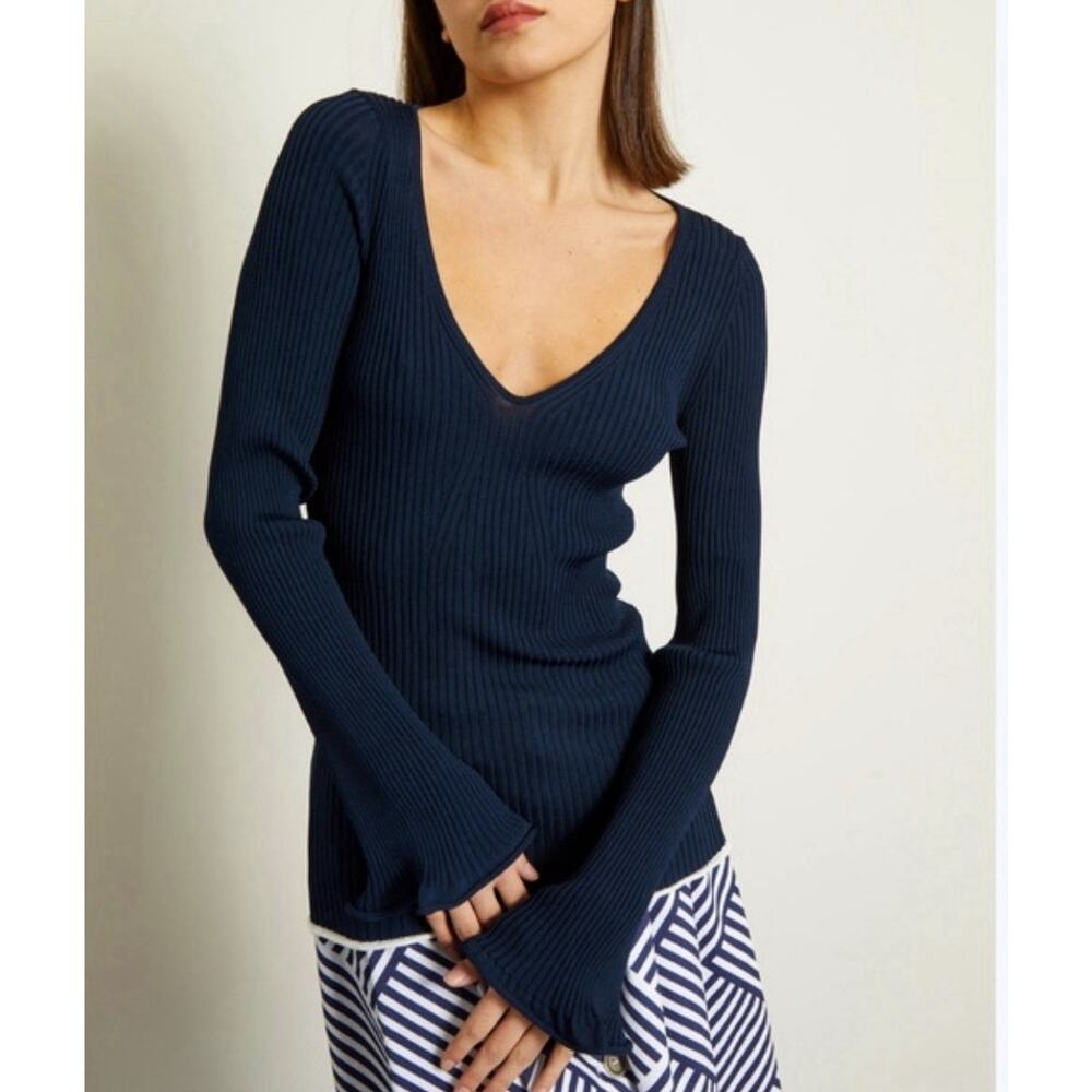 INTERMIX Penny Ribbed Bell Sleeve Knit Top in Navy Blue Size S